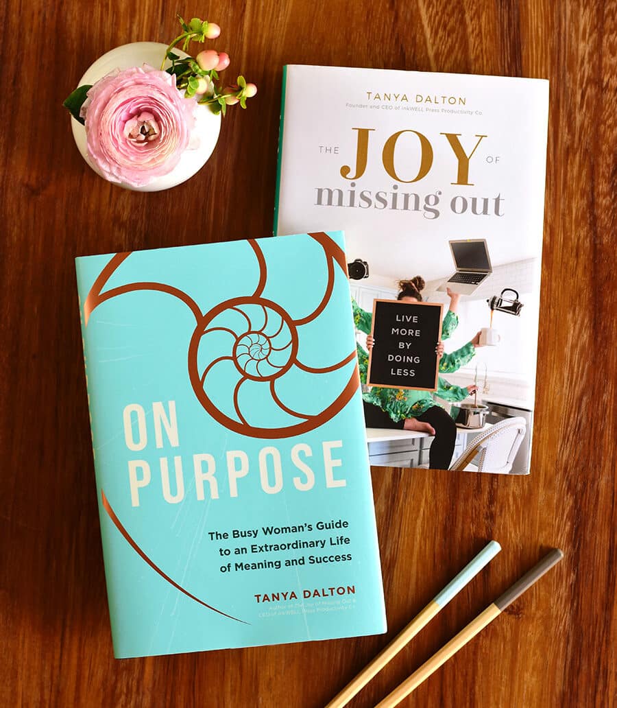 Two of the best productivity books for women by Tanya Dalton. The books are titled Joy of Missing Out and On Purpose: The Busy Woman's Guide to an Extraordinary Life of Meaning and Success.